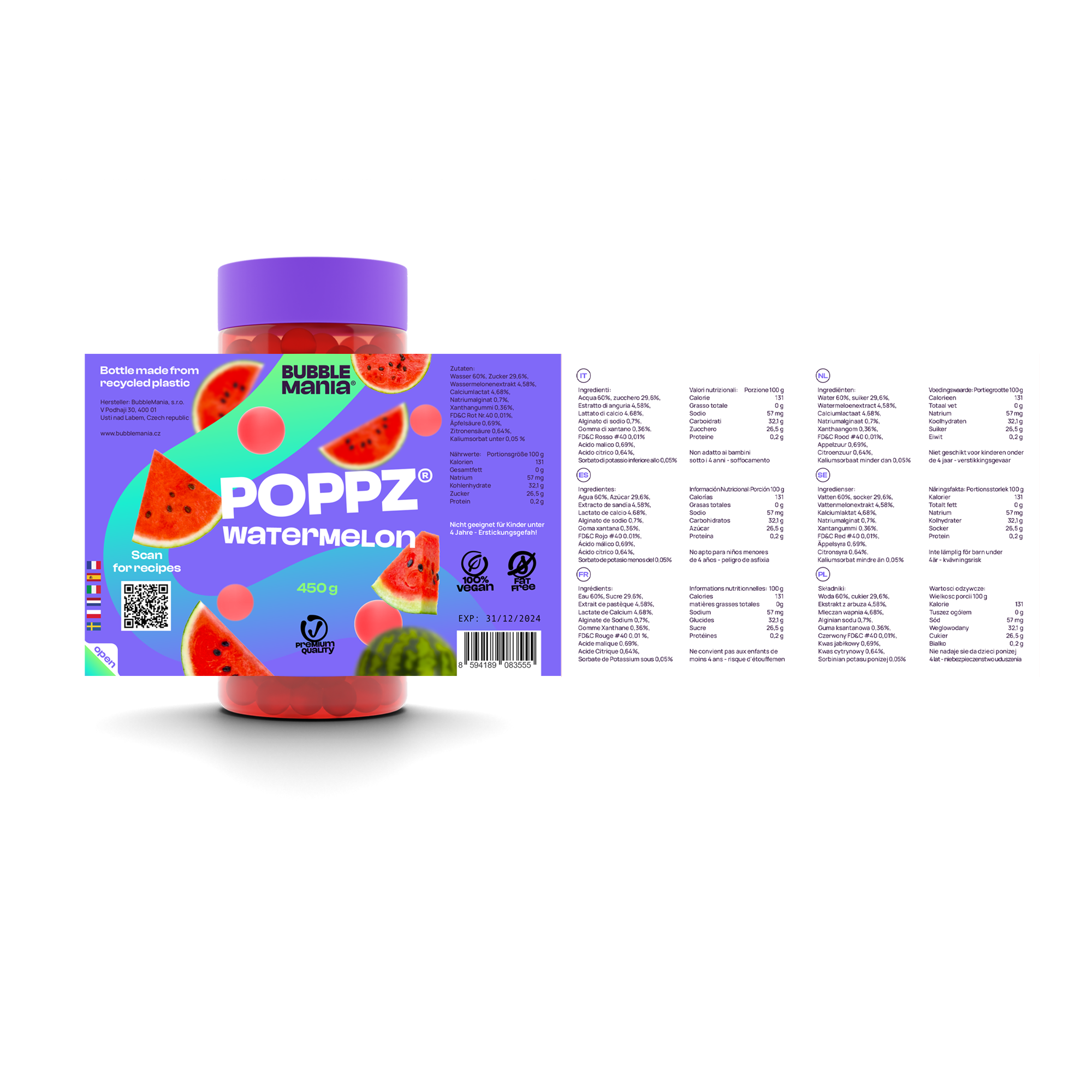 POPPZ Mix Wassermelone, Pfirsich, Blaubeere | 3 x 450 G