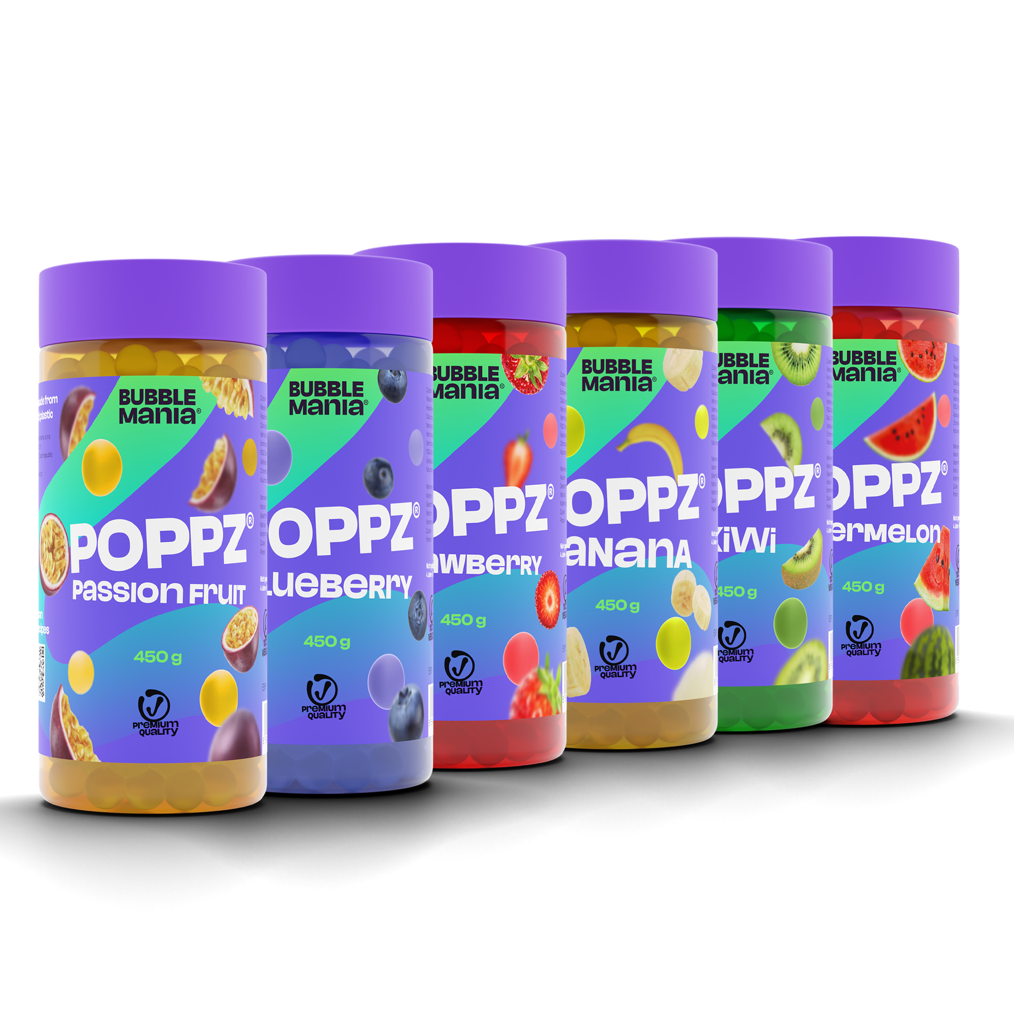 POPPZ Mix passion fruit, strawberry, mango, green apple - BubbleMania's Fruitful Blend, 4 x 450g