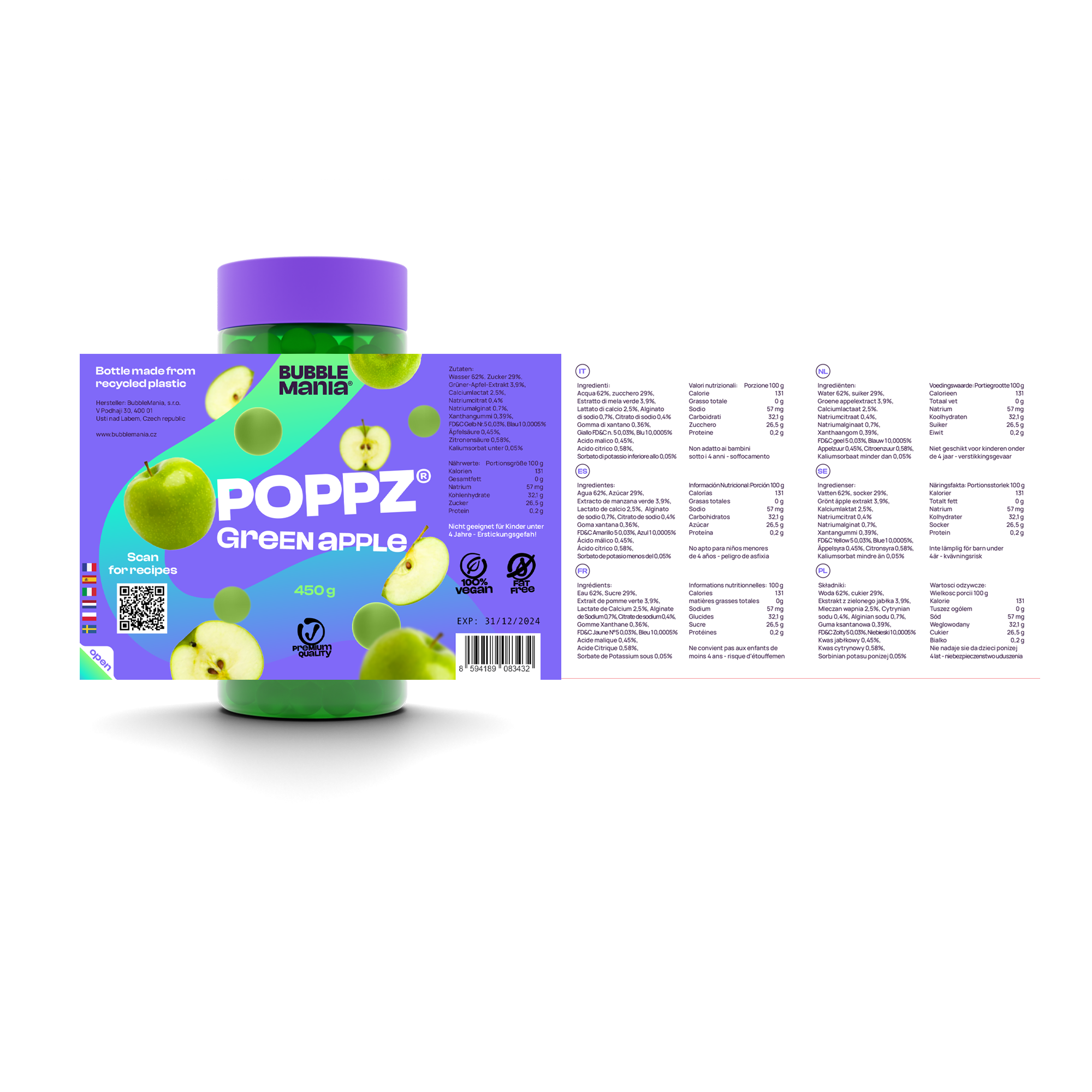 POPPZ Mix Kirsche, Grüner Apfel, Pfirsich, Blaubeere, Litschi, Mango | 6 x 450 G