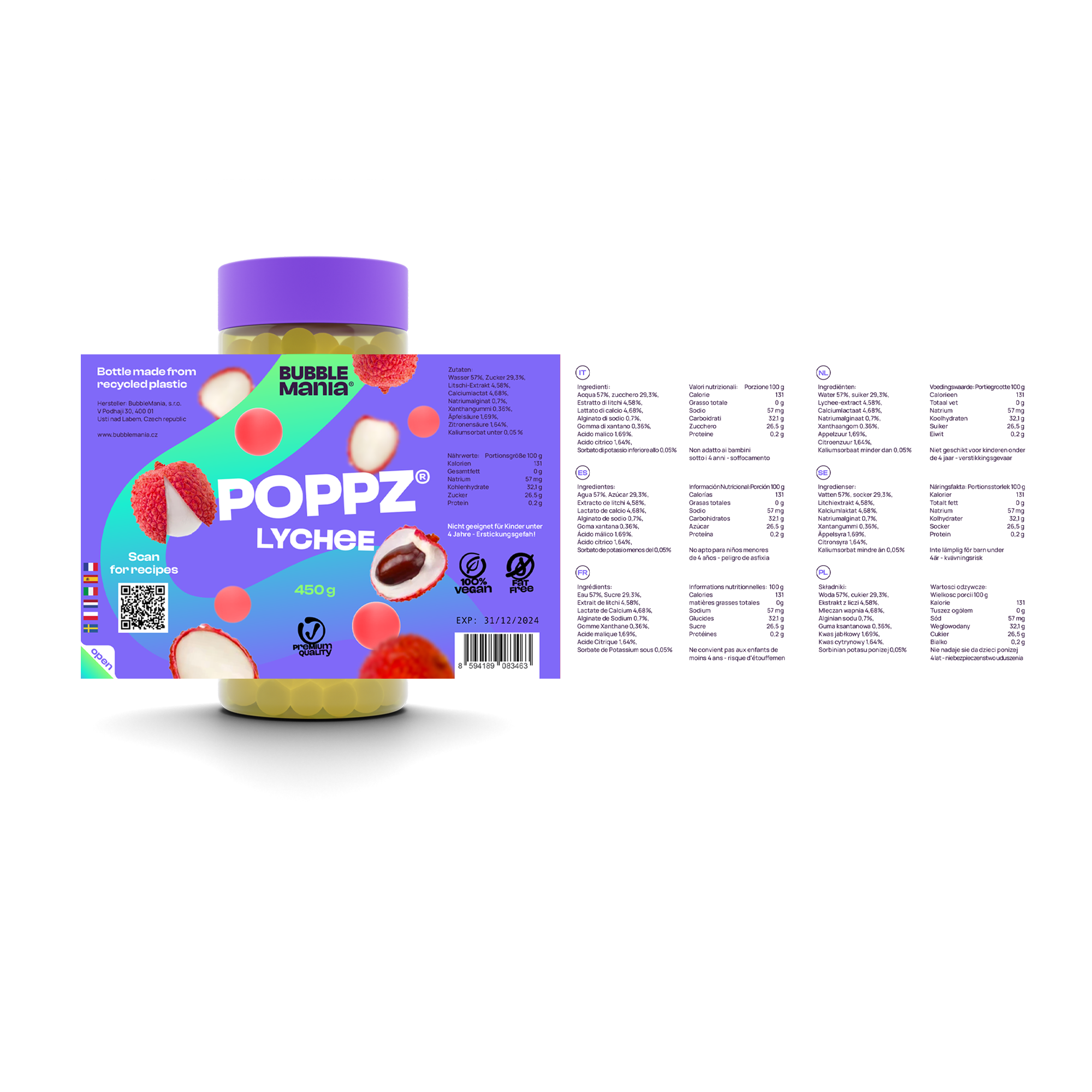 POPPZ Mix Banane, Blaubeere, Litschi, Kirsche, Erdbeere, Passionsfrucht, Kiwi, Mango | 8 x 450 G